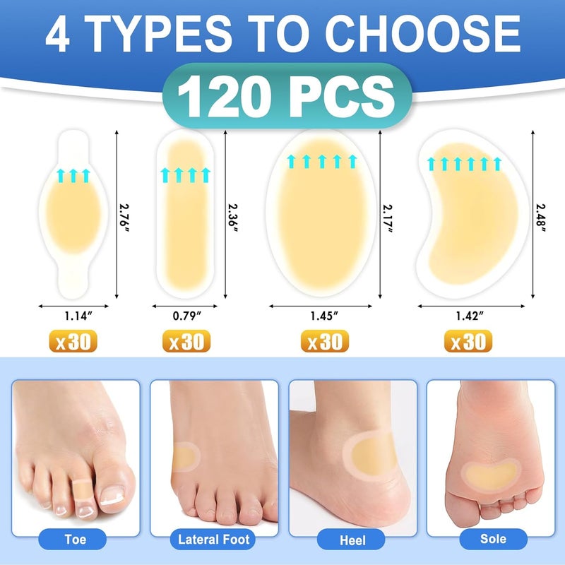 Arme Hydrocolloid Bandages, 50Pcs Gel Blister Bandages for Feet, Waterproof Blister Pads Blister Cushions for Prevention & Recovery, Blister Bandaids for Heel Foot Toe Protection(4 Shape Variety Pack) - Image 2